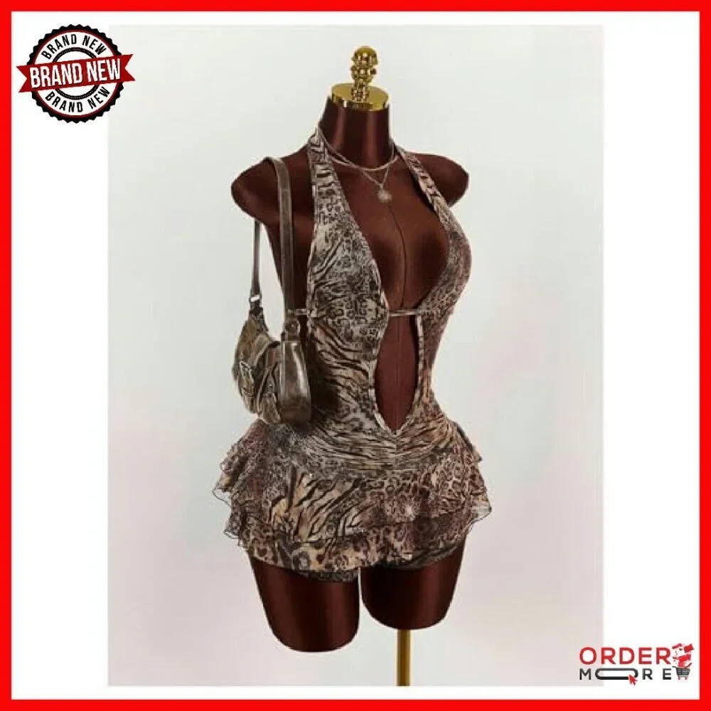 Y2K Leopard Print Halter Romper Backless Sleeveless Ruffle One Piece